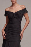Zwarte off-the-shoulder zeemeermin lange formele jurk met ruches