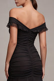 Zwarte off-the-shoulder zeemeermin lange formele jurk met ruches