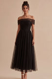 Zwarte off-the-shoulder A Line lange formele jurk