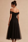 Zwarte off-the-shoulder A Line lange formele jurk