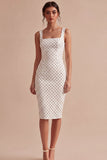 Witte en zwarte vierkante hals bodycon midi polkadots jurk