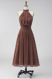 Koffiewitte A-lijn halter hals chiffon rugloos midi polka dots jurk