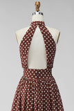 Koffiewitte A-lijn halter hals chiffon rugloos midi polka dots jurk