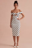 Bodycon witte en zwarte sleutelgat off-the-shoulder midi polka dots jurk