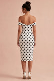 Bodycon witte en zwarte sleutelgat off-the-shoulder midi polka dots jurk