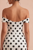 Bodycon witte en zwarte sleutelgat off-the-shoulder midi polka dots jurk