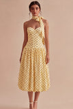 Geel en zwart A-lijn midi strapless polka dots jurk