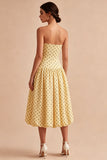 Geel en zwart A-lijn midi strapless polka dots jurk