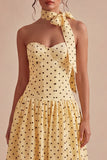 Geel en zwart A-lijn midi strapless polka dots jurk