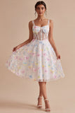 Corset Bloemige Witte Midi Met Dikke Straps Met Een Lijn Afstudeerjurk