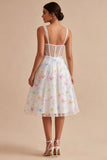 Corset Bloemige Witte Midi Met Dikke Straps Met Een Lijn Afstudeerjurk