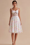 Corset Bloemige Witte Midi Met Dikke Straps Met Een Lijn Afstudeerjurk
