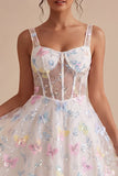 Corset Bloemige Witte Midi Met Dikke Straps Met Een Lijn Afstudeerjurk
