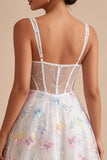 Corset Bloemige Witte Midi Met Dikke Straps Met Een Lijn Afstudeerjurk