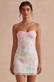 Sprankelende roze en witte bloemen strakke mini strapless kralenjurk voor afstudeerceremonieën