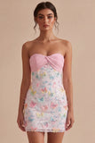Sprankelende roze en witte bloemen strakke mini strapless kralenjurk voor afstudeerceremonieën