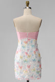 Sprankelende roze en witte bloemen strakke mini strapless kralenjurk voor afstudeerceremonieën