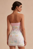 Sprankelende roze en witte bloemen strakke mini strapless kralenjurk voor afstudeerceremonieën