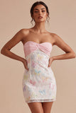Sprankelende roze en witte bloemen strakke mini strapless kralenjurk voor afstudeerceremonieën