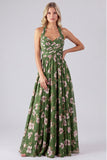 Groene halter hals Chiffon gerimpelde A-lijn bloemenjurk lange bruidsmeisjesjurk