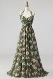 Groene halter hals Chiffon gerimpelde A-lijn bloemenjurk lange bruidsmeisjesjurk