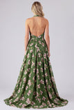Groene halter hals Chiffon gerimpelde A-lijn bloemenjurk lange bruidsmeisjesjurk