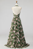 Groene halter hals Chiffon gerimpelde A-lijn bloemenjurk lange bruidsmeisjesjurk