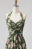 Groene halter hals Chiffon gerimpelde A-lijn bloemenjurk lange bruidsmeisjesjurk