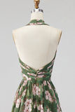 Groene halter hals Chiffon gerimpelde A-lijn bloemenjurk lange bruidsmeisjesjurk