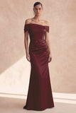 Off-the-shoulder olijfgroene zeemeermin gerimpelde bruidsmeisjesjurk