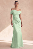 Off-the-shoulder olijfgroene zeemeermin gerimpelde bruidsmeisjesjurk