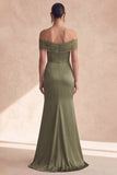 Off-the-shoulder olijfgroene zeemeermin gerimpelde bruidsmeisjesjurk