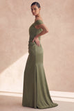 Off-the-shoulder olijfgroene zeemeermin gerimpelde bruidsmeisjesjurk