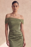 Off-the-shoulder olijfgroene zeemeermin gerimpelde bruidsmeisjesjurk