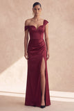 Off-the-shoulder bordeauxrode zeemeermin-formele jurk met split