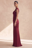 Off-the-shoulder bordeauxrode zeemeermin-formele jurk met split