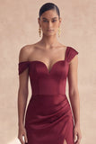 Off-the-shoulder bordeauxrode zeemeermin-formele jurk met split