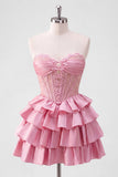 A-lijn roze sweetheart korset Homecoming jurk met laagjes homecoming jurk en kralen