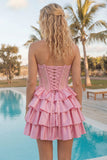 A-lijn roze sweetheart korset Homecoming jurk met laagjes homecoming jurk en kralen