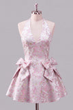 A-lijn roze halter hals Jacquard bloemen homecoming jurk met strik