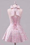 A-lijn roze halter hals Jacquard bloemen homecoming jurk met strik
