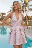 A-lijn roze halter hals Jacquard bloemen homecoming jurk met strik