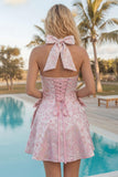A-lijn roze halter hals Jacquard bloemen homecoming jurk met strik