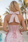 A-lijn roze halter hals Jacquard bloemen homecoming jurk met strik