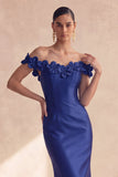 Donkerblauwe off-the-shoulder zeemeermin satijn lange formele jurk met 3D-bloemen