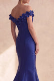 Donkerblauwe off-the-shoulder zeemeermin satijn lange formele jurk met 3D-bloemen