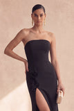 Zwarte strapless zeemeermin bloemen lange formele jurk met split