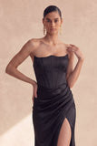 Zwarte satijn strapless korset met gerimpelde zeemeermin lange formele jurk met split
