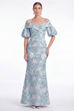 Off the Shoulder Zeemeermin Roze Bloem Jacquard Lange Moeder van de Bruid Jurk