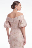 Off the Shoulder Zeemeermin Roze Bloem Jacquard Lange Moeder van de Bruid Jurk